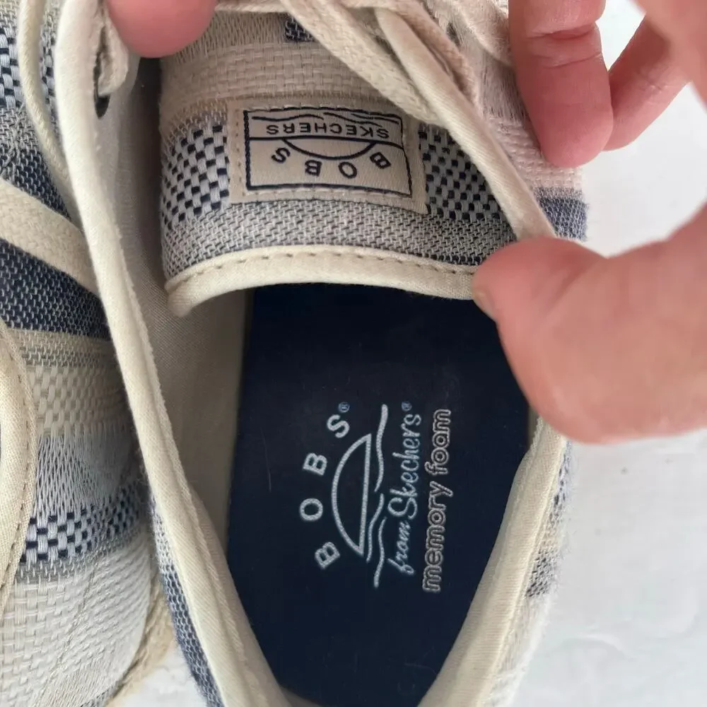 Skechers BOBS Sesame Espadrille Platform Sneakers Navy Stripe Memory Foam 8.5